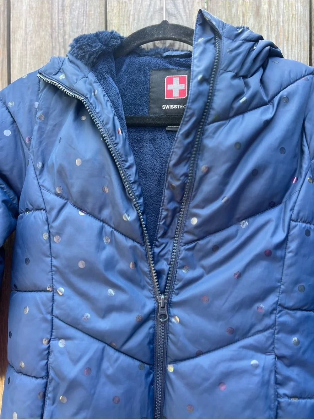 SWISSTECH Girls Navy Blue Polka Dot Confetti Puffer Coat Hooded Girls Medium 7-8